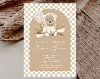 Checker Baby Shower Invitation Bear Baby Shower, Boho Baby Boy Shower Invitation, Neutral Shower Invitation, Beige Baby Boy Shower