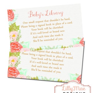 Bring a book baby shower card inserts, Watercolor Library Card Inserts - watercolor flowers, book instead of a card, printable bring a book