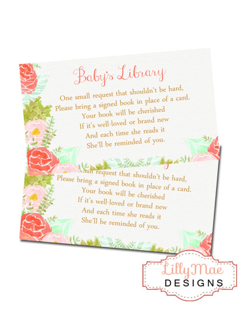 Bring A Book Baby Shower Card Inserts Watercolor Library Card Inserts Watercolor Flowers Book Instead Of A Card Printable Bring A Book