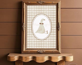 Goose Nursery Art, Silly Little Goose Wall Art, Neutral Gingham Nursery Art, Neutral Boy's Nursery Art Prints, Sitting Goose Art Prints