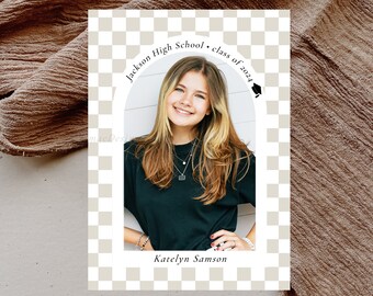 Checkered Graduation Announcement, Modern Graduation Photo Invitation, Arch Photo Grad Card, Retro Graduation Party Invitation