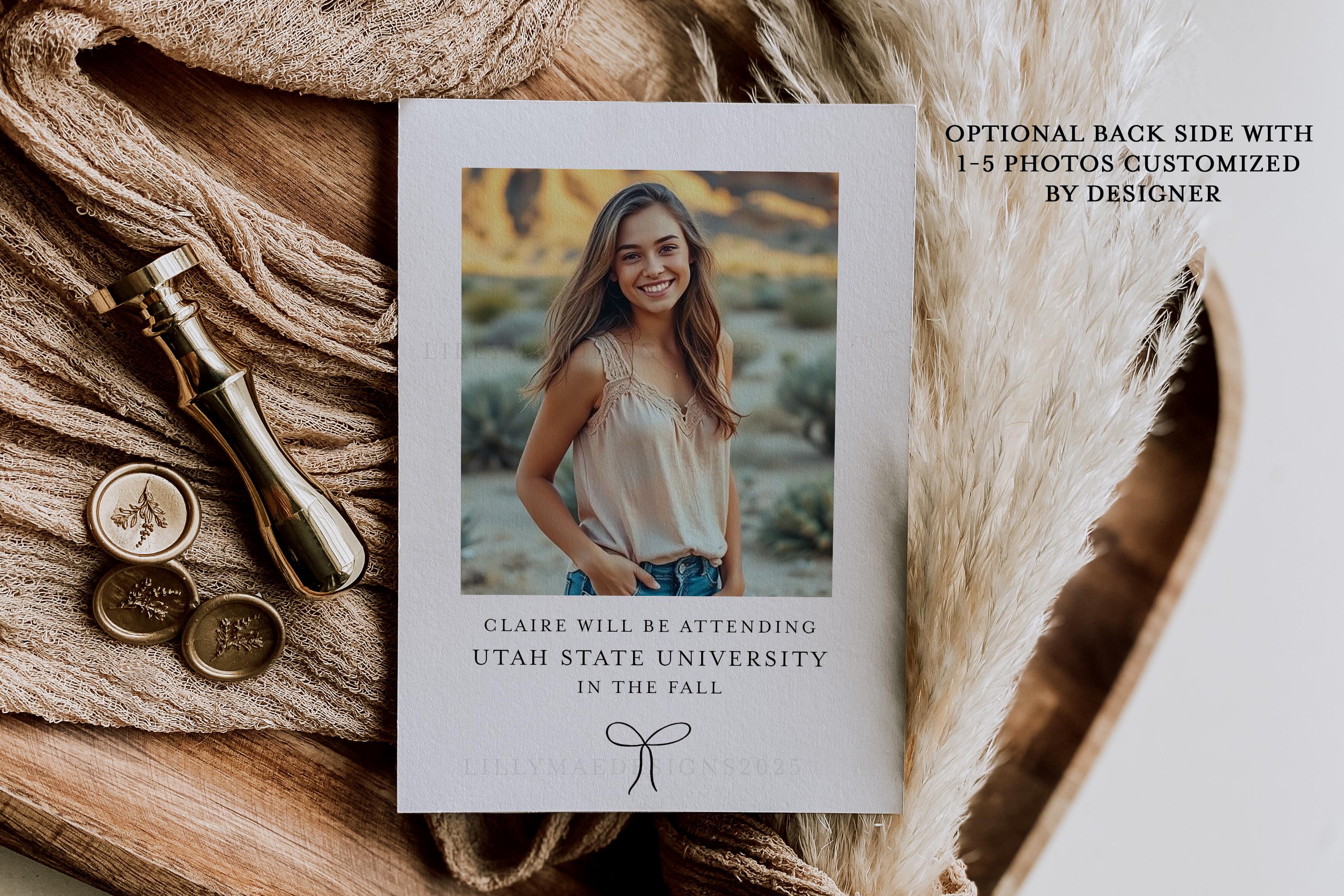 back of grad card Graduation Announcement with Bow, Minimalist Graduation for Girls, Simple Black and White Card, Bow Graduation Invitation Made in the USA. How to Customize the Back