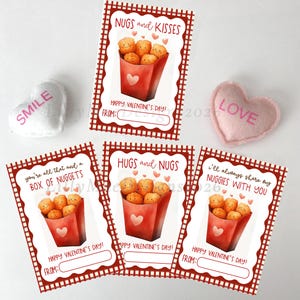 Könnte beinhalten: Valentinstagskarten mit rot-weißem Vichy-Karo-Rand. Jede Karte zeigt einen roten Behälter mit lächelnden Nuggets. Der Text enthält "Nugs and Kisses", "Hugs and Nugs" und "I'll always share my nuggies with you".