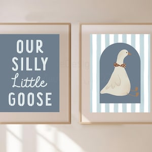 Silly Goose Nursery Art, Boy&#39;s Room Wall Art, Goose Print, Blue Stripe Nursery, Digital Wall Art, Cute Boy&#39;s Nursery Decor, Animal Art