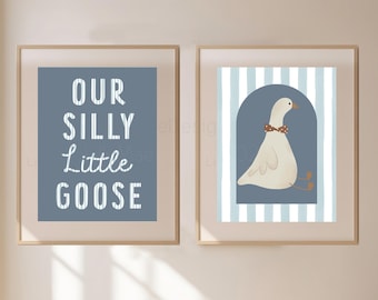 Silly Goose Nursery Art, Boy's Room Wall Art, Goose Print, Blue Stripe Nursery, Digital Wall Art, Cute Boy's Nursery Decor, Animal Art