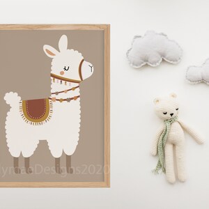 May include: A framed print of a white llama with brown and gold accents on a brown background. The llama has a saddle and a decorative collar. The text "lillymaeDesigns2020" is at the bottom of the print.