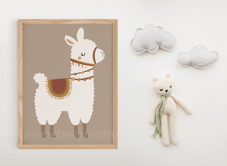 May include: A framed print of a white llama with brown and gold accents on a brown background. The llama has a saddle and a decorative collar. The text "lillymaeDesigns2020" is at the bottom of the print.