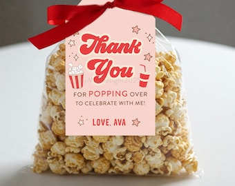 Etykiety na upominki na imprezę filmową, Etykiety na prezenty z popcornem, Etykiety do wydrukowania na wieczór filmowy, Etykiety spersonalizowane z motywem retro filmu, Etykiety na upominki z popcornem
