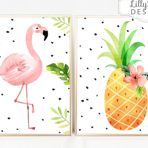 Flamingo Wall Art, Pineapple Printable, Flamingo Nursery Art, Pineapple Nursery Art, Watercolor, Girl's Room Decor, Flamingo Printable