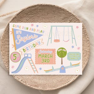 Faire-part de fête dans le parc, faire-part pour aire de jeux pour filles, faire-part de fête dans l'arrière-cour, fête aux couleurs du printemps dans le parc, faire-part d'anniversaire de jolies filles