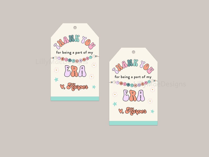 Puede incluir: Dos etiquetas de agradecimiento de color rosa pastel y blanco con una guirnalda de cuentas de colores y el texto "THANK YOU for being a part of my ERA V. Harper"