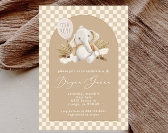 Elephant Baby Boy Shower Invitation, Checkers Baby Shower Invitation, Gender Neutral Baby Shower, Boho Baby Boy Shower Invitation