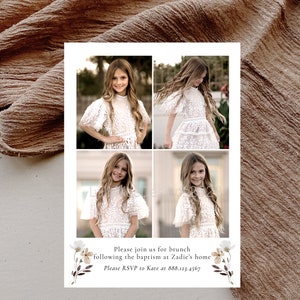 May include: A white invitation card with a floral design and four photos of a young girl in a white dress. The text on the card reads "Please join us for brunch following the baptism at Zadie's home. Please RSVP to Kate at 888.123.4567". The bottom of the card reads "OPTIONAL BACK SIDE WITH 1-5 PHOTOS".