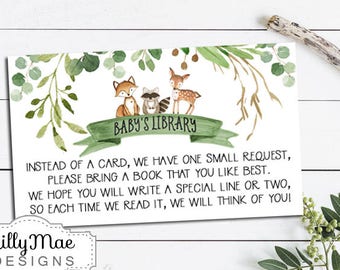 Woodland Bring a Book Card Inserts, Book Request, Book Instead of a Card, Library Card Insert, Woodland Book request, greenery, wreath