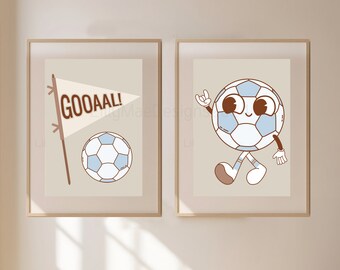 Soccer Wall Art, Boy's Room Art Prints, Boy's Neutral Room Decor, Soccer Art Print, Retro Wall Art, Light Blue and Brown Boy's Room Decor