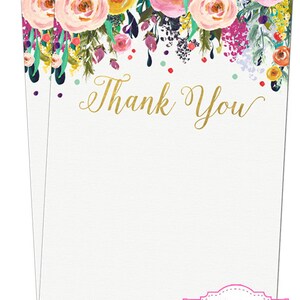 May include: Two blank thank you cards with a floral border and confetti. The text "Thank You" is written in gold script. The cards are from Lilly Mae Designs.