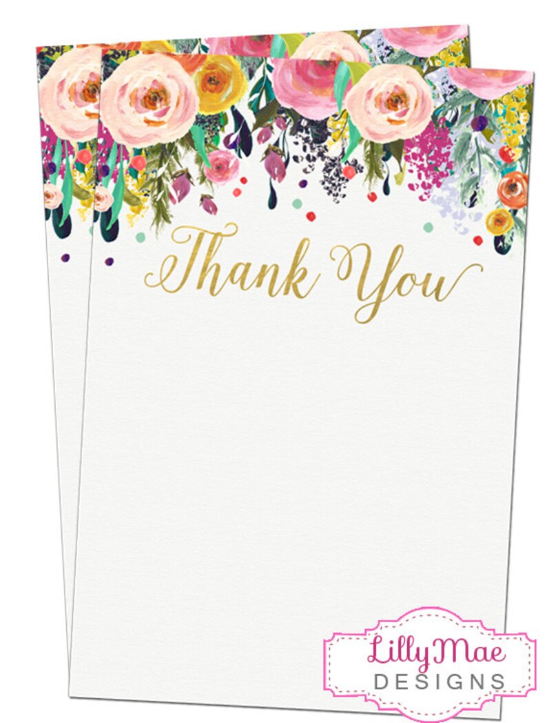 May include: Two blank thank you cards with a floral border and confetti. The text "Thank You" is written in gold script. The cards are from Lilly Mae Designs.