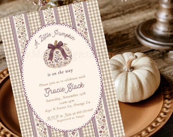 Little Pumpkin Baby Shower Invitation, Pumpkin with Bow Baby Girl Shower Invite, Plum Autumn Color Baby Shower, Fall Floral Baby Shower