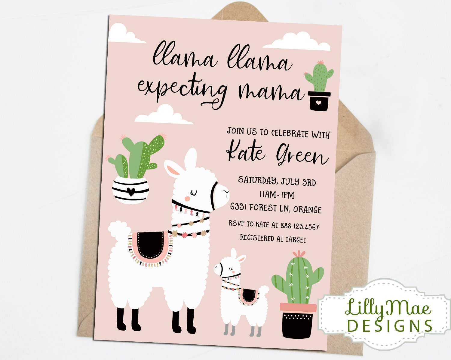 Llama Baby Shower Invitation Cactus Baby Girl Shower Invitation