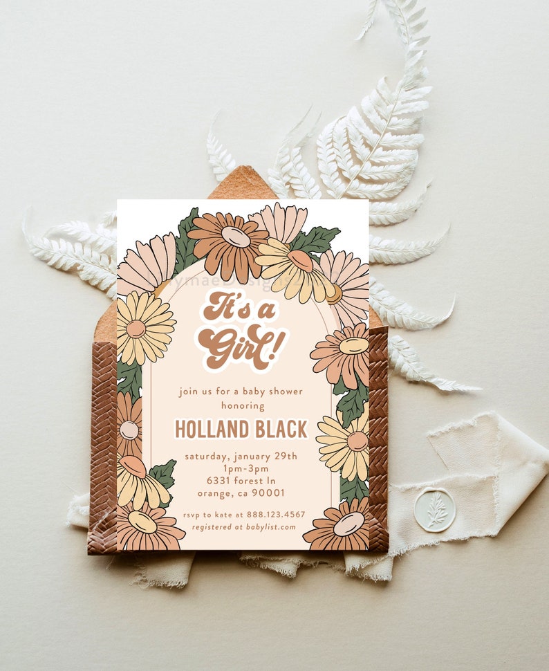 May include: A baby shower invitation with a floral design. The invitation says "It's a Girl!" and includes the name "Holland Black", the date "Saturday, January 29th", the time "1pm-3pm", the address "6331 Forest In, Orange, CA 90001", the RSVP number "888.123.4567", and the website "babylist.com".