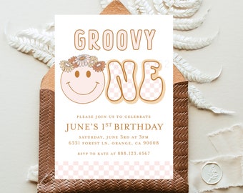 Groovy One Birthday Invitation, Retro Girl's Birthday Invitation, Groovy 1st Birthday Invitation, Smiley Face Invitation, Checkered Birthday