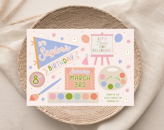 May include: A pastel-colored birthday party invitation with the text "It's Saylor's Birthday". The invitation includes a paintbrush, paint palette, and the words "Let's Create and Celebrate". The event is on March 3rd.