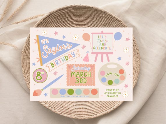 Art Party Invitation, Arts and Crafts Birthday Invitation, Girl's Paint Party Invite, Painting Party Invitation, Create and Celebrate