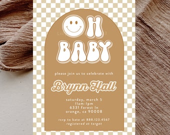 Smiley Face Baby Boy Shower Invitation, Retro Baby Shower Invitation, Checkers Baby Boy Shower Invitation, Arch Baby Shower Invitation