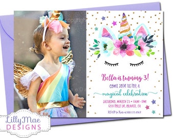 Unicorn Invitation With Photo, Unicorn Photo Invitation, Glitter Unicorn, Unicorn Head, Unicorn 1st Birthday, Unicorn Invite with picture