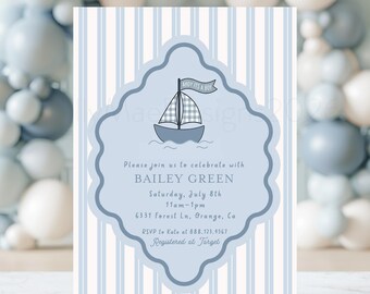 Sailboat Baby Shower Invitation, Nautical Baby Boy Invite, Blue Stripe Baby Shower, Coastal Theme, Printable Classic Baby Shower