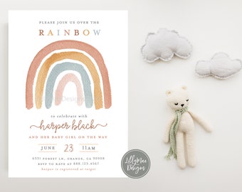 Invito doccia per bambini arcobaleno, invito doccia per bambina Boho, doccia per bambini in terracotta, toni della terra, doccia per bambini arcobaleno Boho, doccia di ruggine