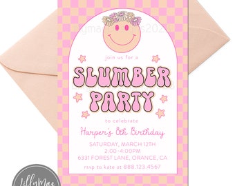 Retro Slumber Party Invitation, Checkered Smiley Face Birthday Invitation, Sleepover Party Invitation, Groovy Birthday Invitation