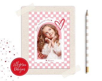 Classroom Valentines, Valentine Photo Card, Pink Checkers Kids Valentine Cards, School Valentines for Girls, Personalized Valentines