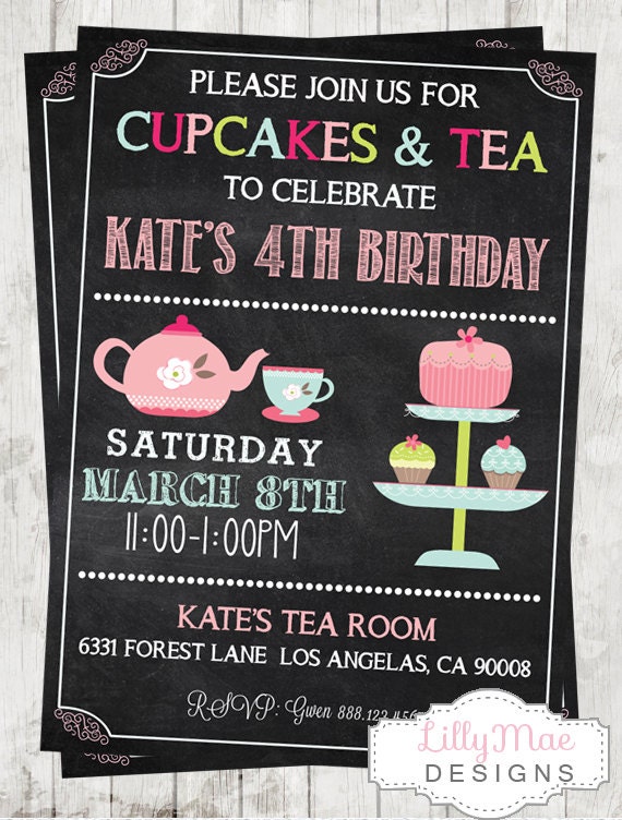 Chalkboard Tea Party Invitation Tea Party Invitation,Tea Party Birthday Printable Tea Party Invitation Cupcakes and Tea Digital