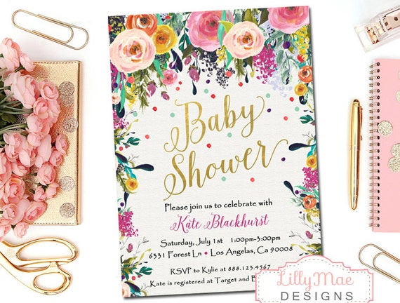 Baby Girl Shower Invitation, Watercolor Floral Baby Shower Invitation, Girl's Baby Shower Invitation, Floral Baby Shower, Bright Colors