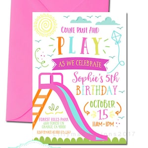 Faire-part à une fête dans le parc, Faire-part d'anniversaire dans un parc, Fête au parc, Fête pour filles dans le parc, Invitation sur une aire de jeux, Fête en plein air, Anniversaire de fille