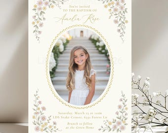 LDS Baptism Invitation for Girls, Baptism Photo Announcement, Floral Christening Invite, Printable Baptism Card with flowers