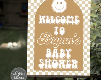 Checkered Welcome Sign, Groovy Baby Shower Welcome Sign, Smiley Face Welcome Printable Sign, Retro Baby Boy Shower Decorations