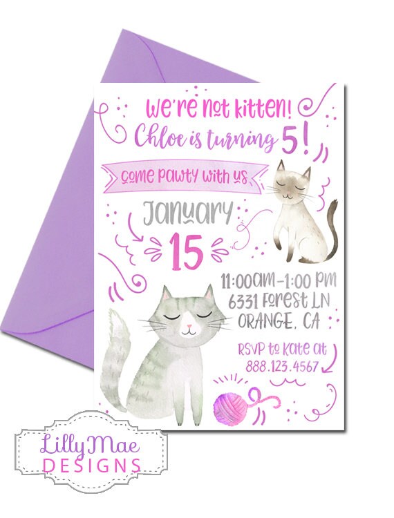 Zaproszenie Kitty Kot Zaproszenie Zaproszenie Urodziny Kota Etsy