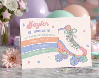 Retro Roller Skate Birthday Party Invitation for Girls, Groovy Skate Party Invite, Daisy Skate Birthday, Printable Tween Skating Party
