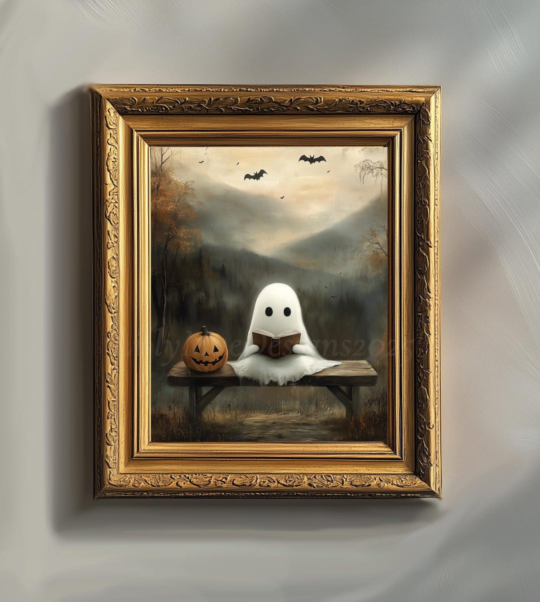 Vintage Ghost Print, Ghost Reading a Book, Dark Academia Halloween Wall ...
