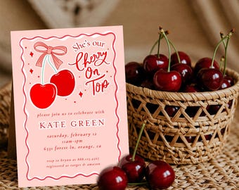 Cherry On Top Baby Shower Invitation, Cherries with Bow Baby Girl Shower, Printable Cherry Invitation, Retro Baby Girl Shower, Hand-drawn