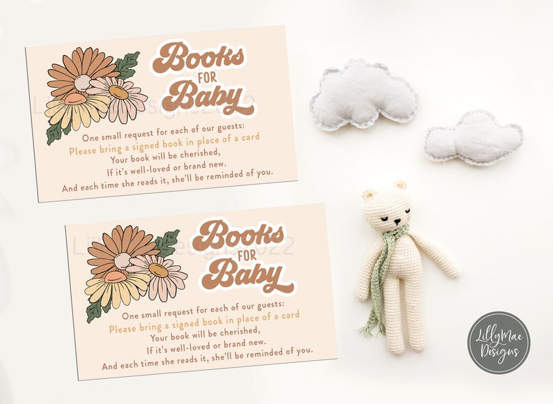 May include: Two cards with a floral design and the text "Books for Baby". The text requests guests to bring a signed book in place of a card for the baby.