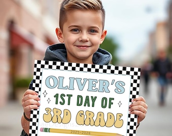 Back to School Sign, Black and White Checkered 1st Day of School Sign, Printable 1st Day of school sign for boys, Back to school photo prop