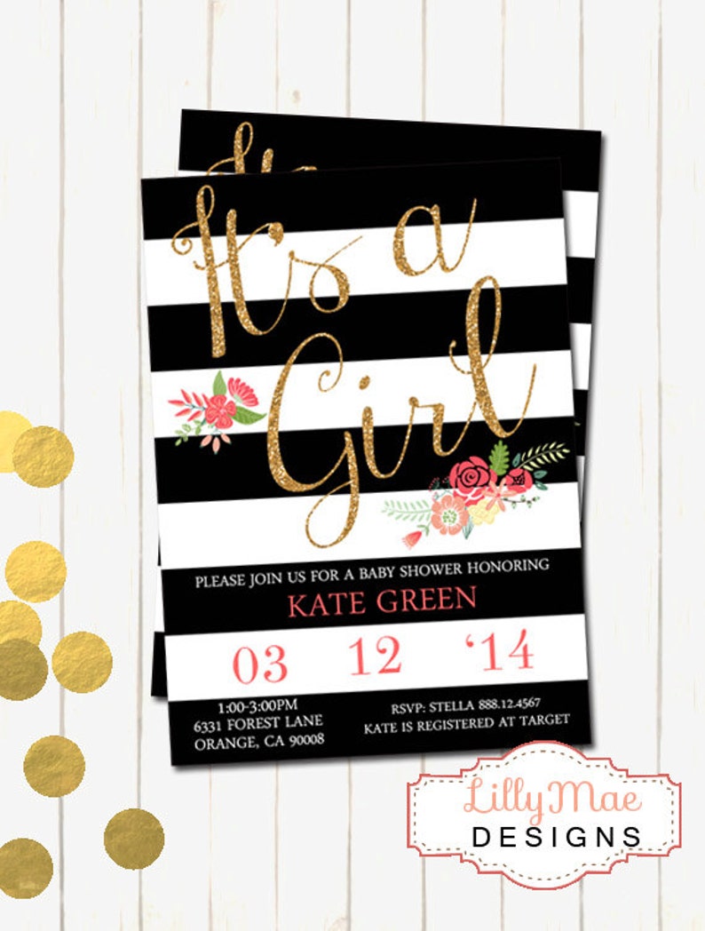 Little one Female Shower Invitation, Floral Youngster Shower Invitation, Black Stripes and Gold Glitter Kid Shower Invitation, Printable Youngster Shower photograph regarding Etsy Baby Shower Invitations Printable called Youngster Lady Shower Invitation, Floral Kid Shower Invitation, Black Stripes and Gold Glitter Kid Shower Invitation, Printable Little one Shower