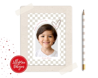 Valentine's Photo Card, Classroom Valentines for Kids, Checkered Photo Valentine, Boy's Valentines, Neutral Valentines Trading Cards