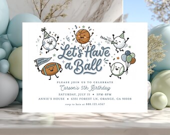 Let's Have a Ball Birthday Invitation, Sports Party Invite, Basketball Football Soccer Golf Theme, Muted Colors, All Star Birthday Printable