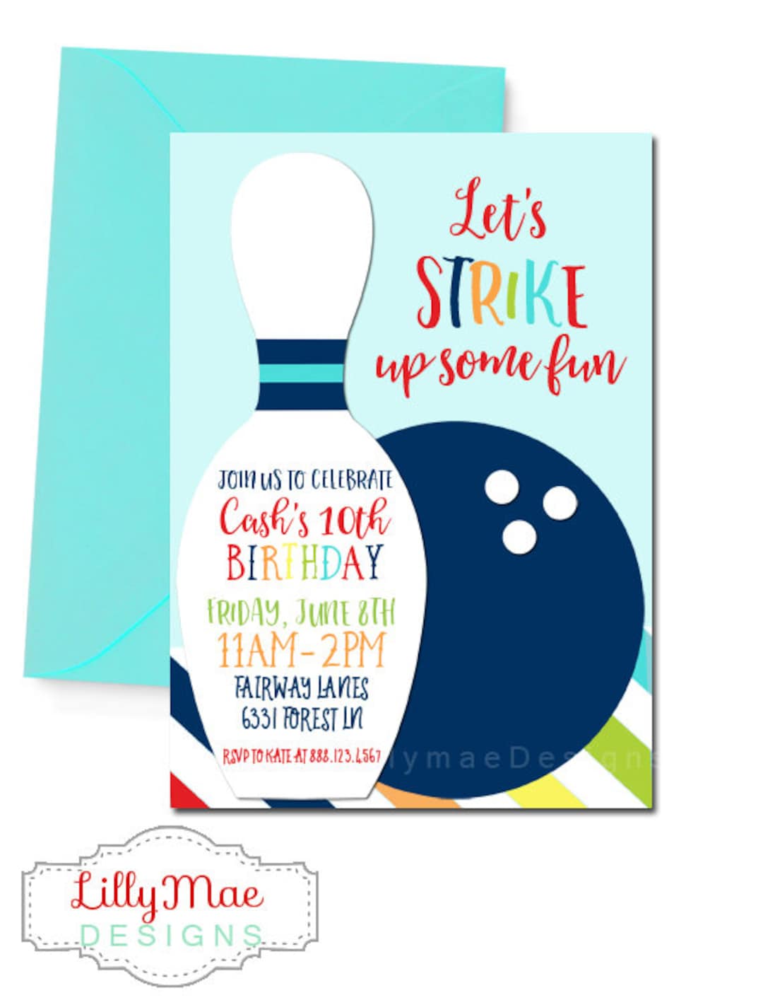 Bowling Party Invitation, Boy's Bowling Invitation, Colorful Bowling