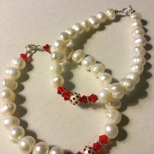 Fresh Water Pearls and Light Siam Crystal Bracelet, White Real Pearls and Red Austrian Crystal Bracelet, July Birthstone Bracelet