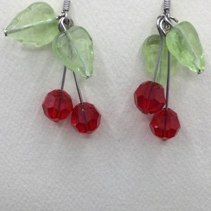 Glass Beads Cherry Dangle Earrings, Fruit Earrings, Green Glass Leaf and Red Swarovski Crystal Earrings, Kitsch Earrings,
